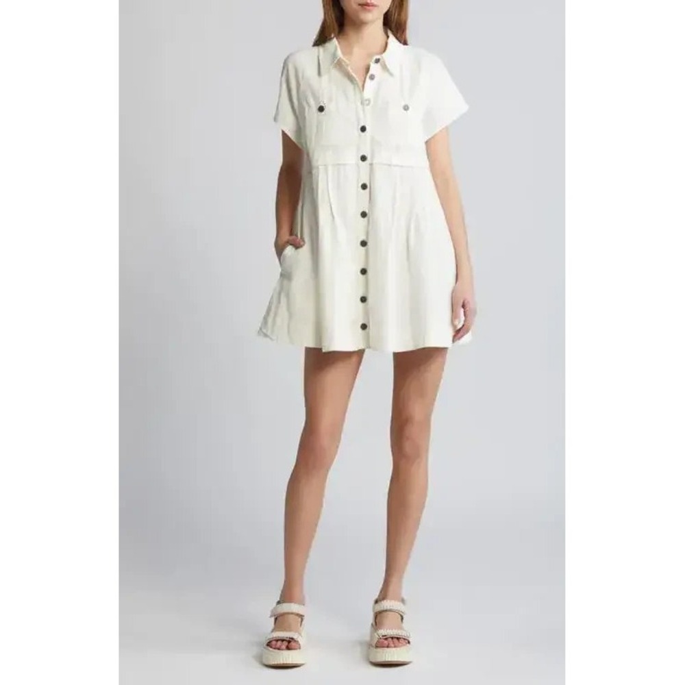 Free People Ronnie Poplin Mini Dress Womens Small White Button Down Short Sleeve